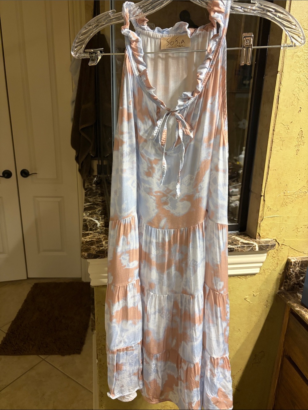 Sofia Made in Italy Tie-Dye Tiered Ruffled Tank Dress in Light Blue & Beige